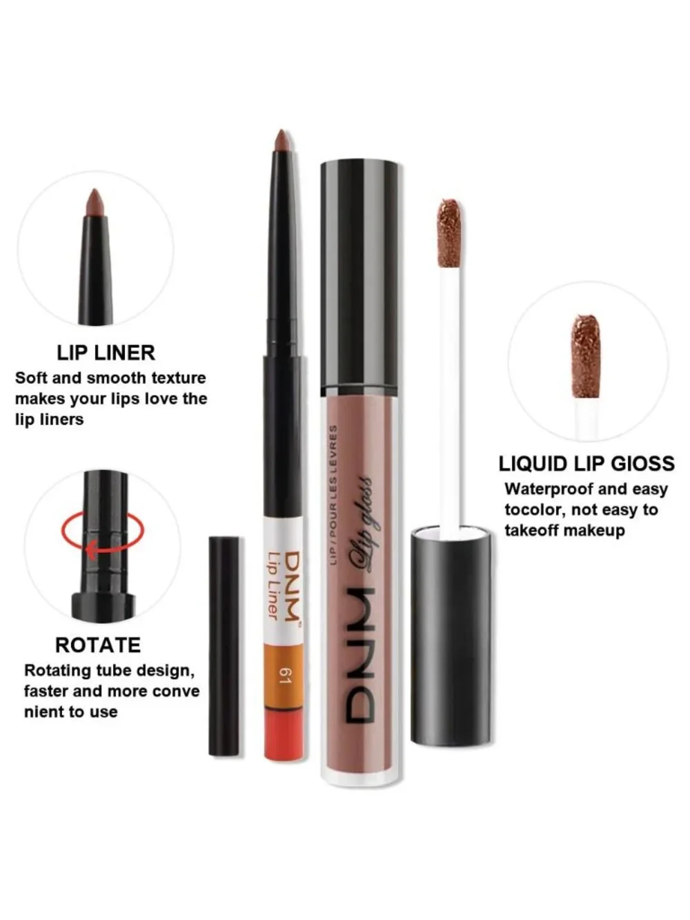 DNM 61# Nuetral Nude 2Pcs 24H Long-Lasting Matte Liquid Lipstick and Lip Liner